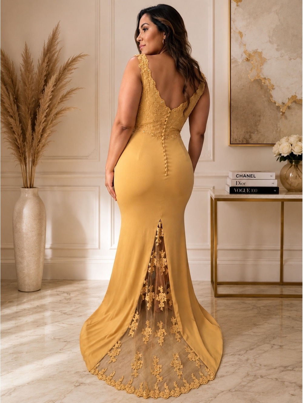 JJs House Gold Beaded Lace Mermaid Formal Gown Size L mesh